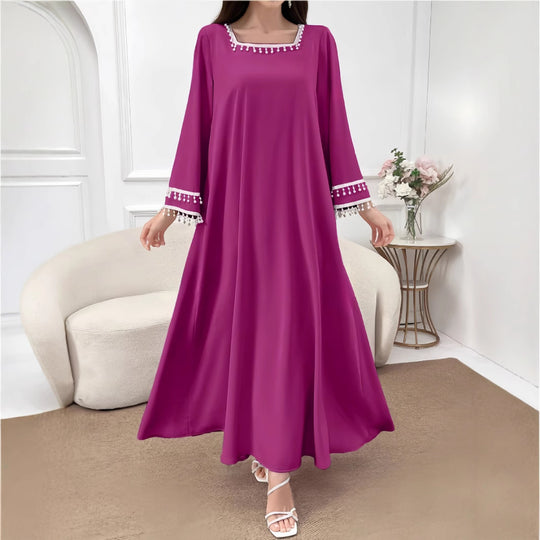 Damen Elegantes Maxikleid mit dekorativen Fransen und weiten Ärmeln EB