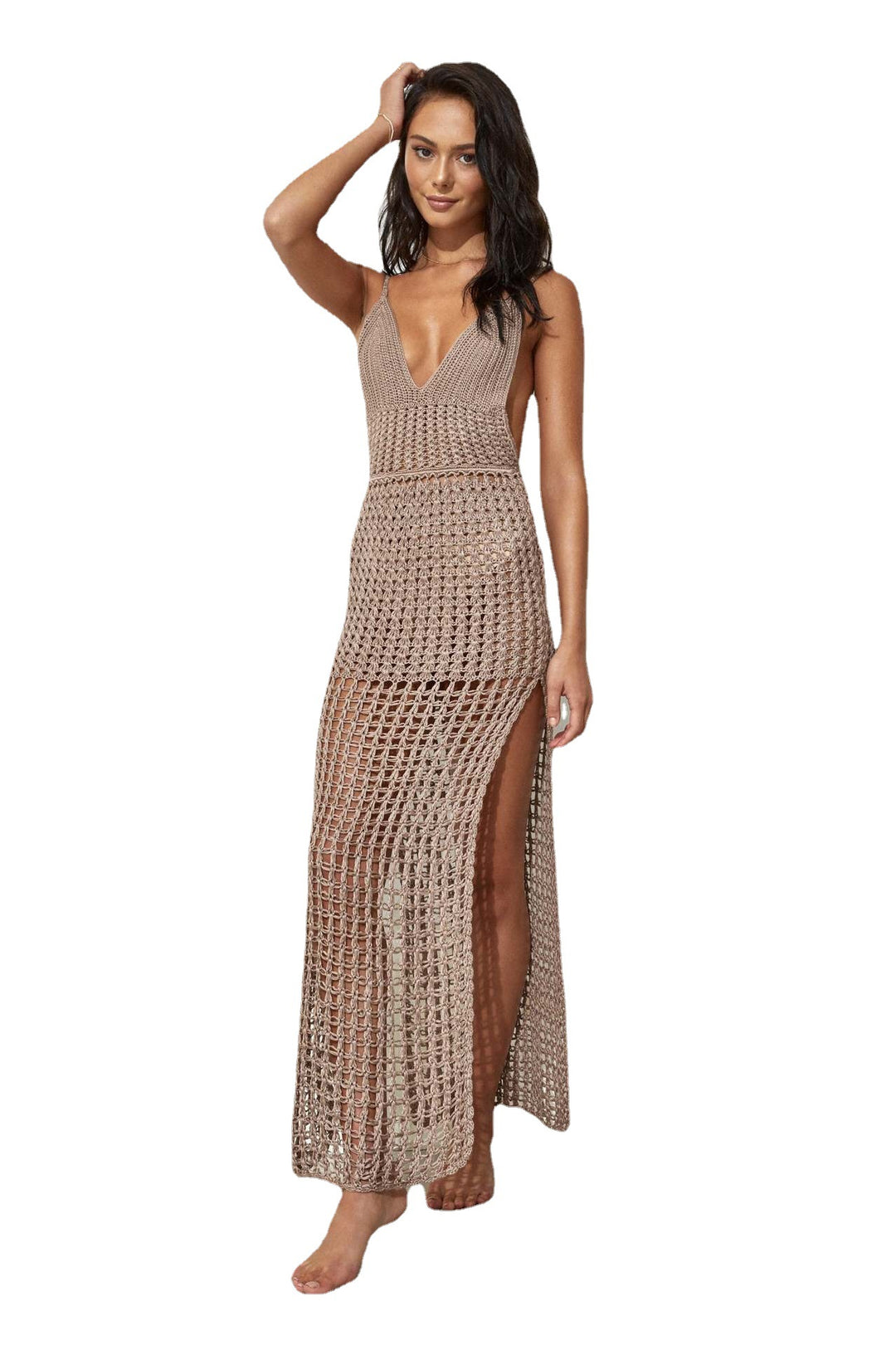 Damen gehäkeltes Strandkleid mit tiefem V-Ausschnitt und seitlichen Schlitzen EB