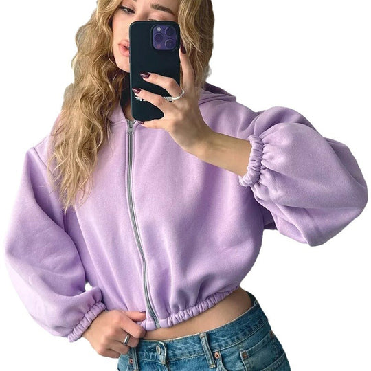 Damen nan oversized Kapuzenjacke kurz geschnitten mit elastischem Saum und Ballonärmeln EB