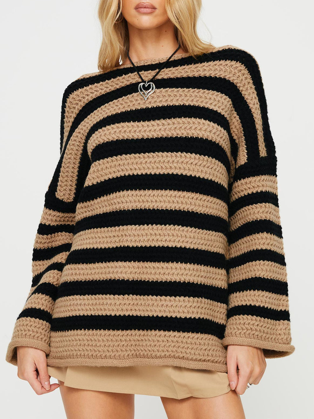 Damen lässiger gehäkelter Pullover mit modernen Blockstreifen EB