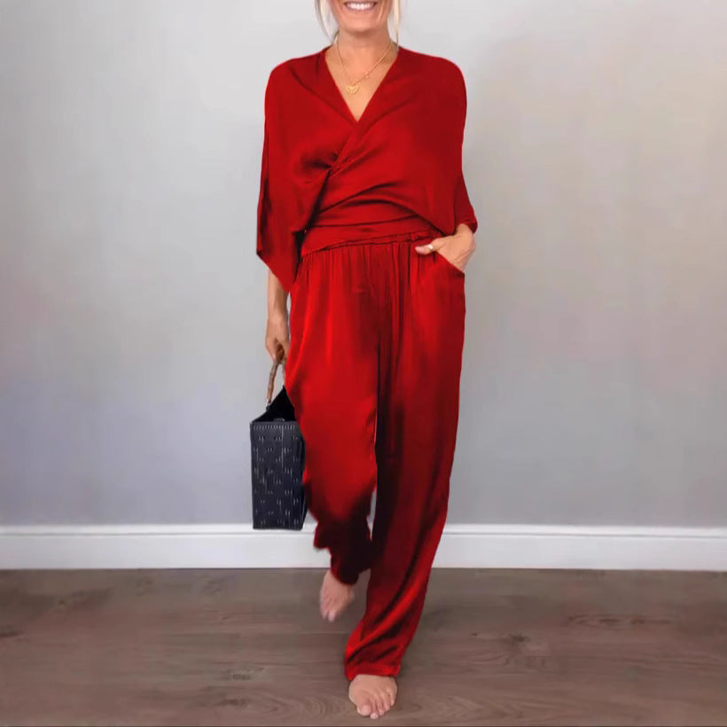 Damen elegantes und bequemes Satin-Hosenanzug EB
