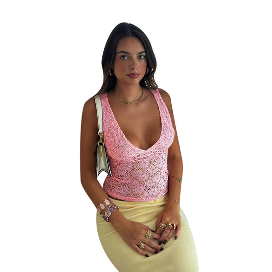 Damen Spitzen-Crop-Top mit tiefem V-Ausschnitt und Rüschendesign EB