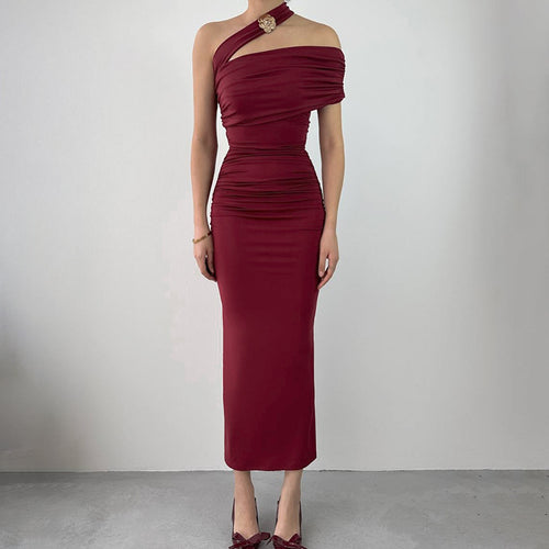 Damen Elegantes Rüschen-Maxikleid mit asymmetrischem Träger EB