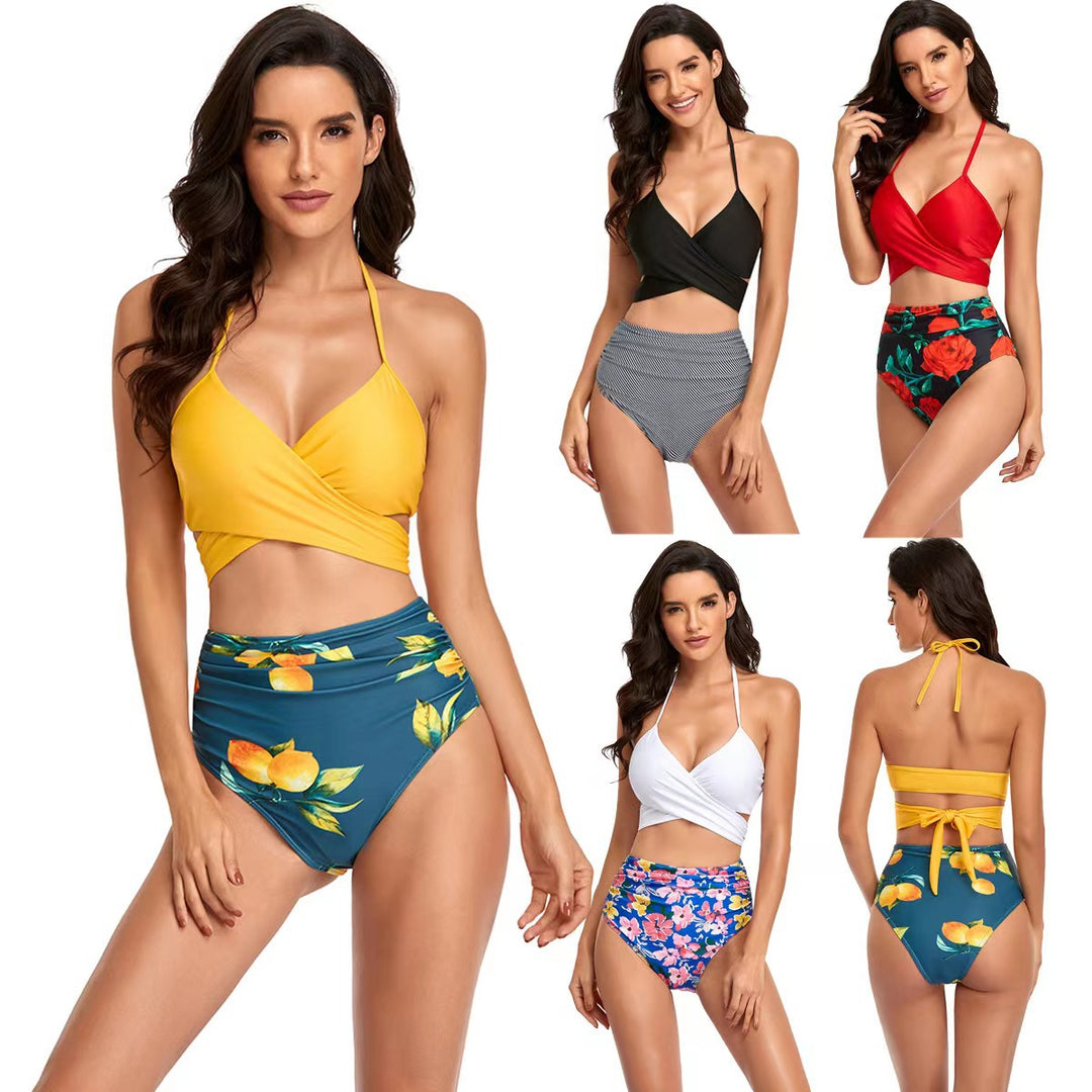 Damen Hochgeschnittener Bikini mit Wickeloberteil und floralen Mustern EB