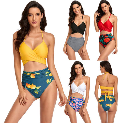 Damen Hochgeschnittener Bikini mit Wickeloberteil und floralen Mustern EB