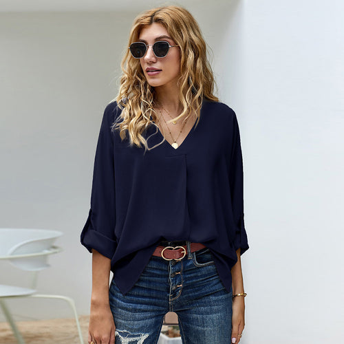 Damen Bluse mit V-Ausschnitt und lässigen langen Ärmeln EB