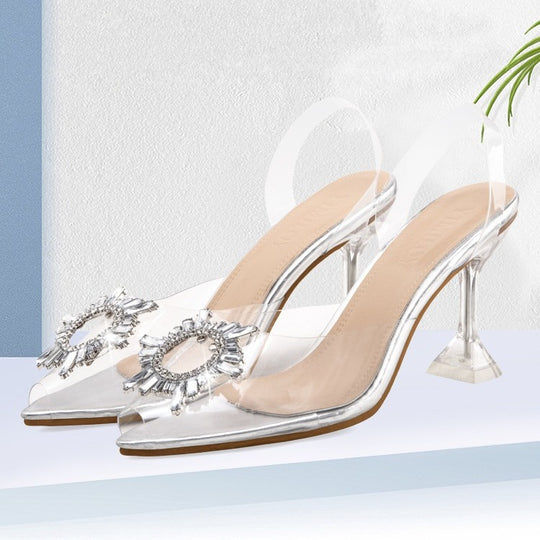 Damen transparente Mules mit funkelndem Schmuckdetail EB