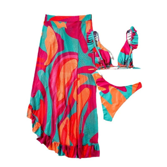 Damen Bikini-Set mit Rüschen und leichtem Strandkleid EB