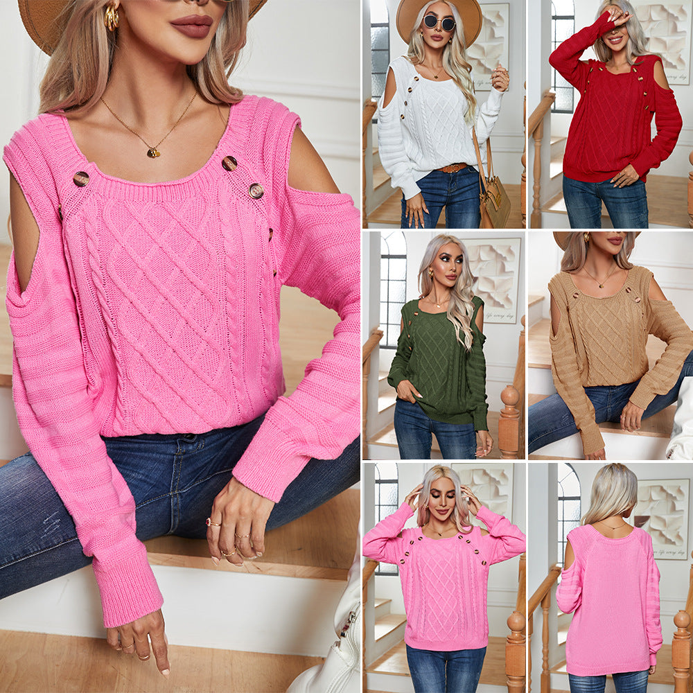 Damen Strickpullover mit offener Schulter und Knopfdetails EB