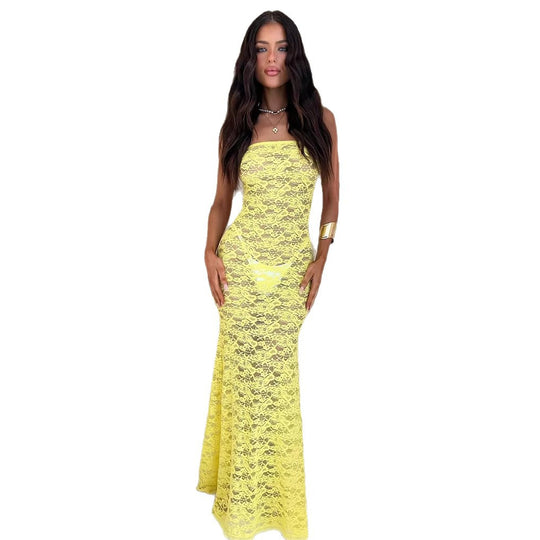 Damen Elegantes Spitzenmaxikleid mit figurbetonter Silhouette und schulterfreiem Design EB