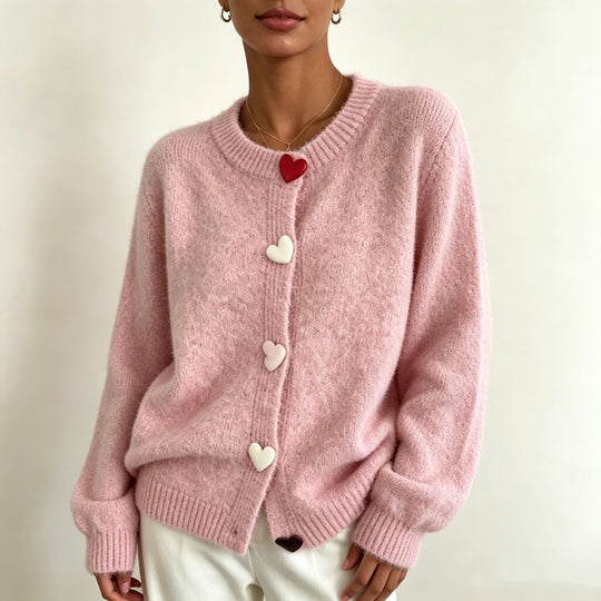 Damen Flauschiger Kurzcardigan mit Herz‑Knopfleiste und Raglanärmeln EB