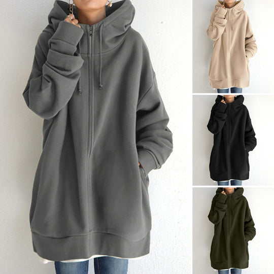 Damen nan oversized Kapuzenlongpullover mit Reißverschluss und Eingrifftaschen EB