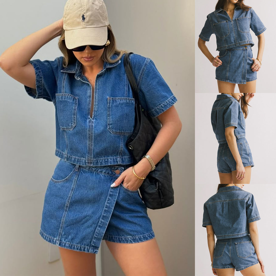 Damen lässiges Denim-Kurzjacken-Set mit passendem Rock EB