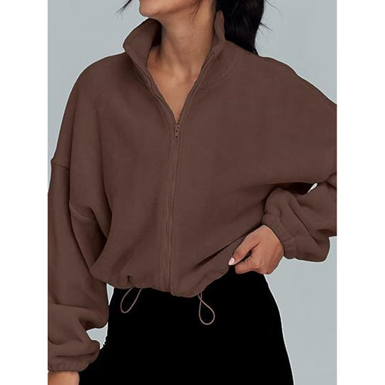 Damen trendy Oversize-Zip-Pullover mit hohem Kragen und Kordelzug EB