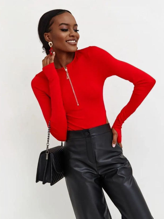 Damen Langarm-Bodys mit Reißverschluss und seitlichem Cut-Out EB
