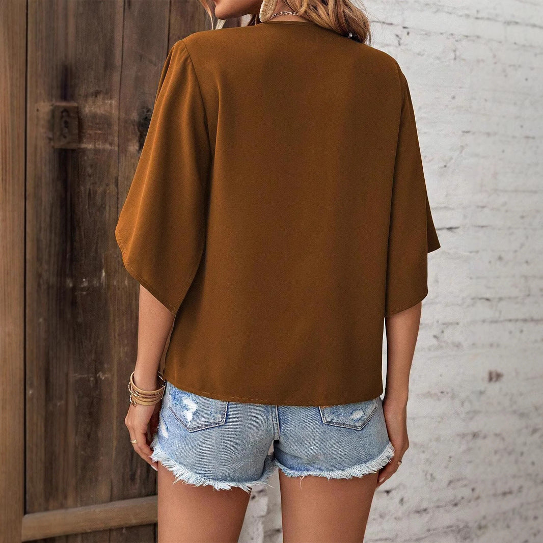 Damen V-Ausschnitt Bluse mit weitem Schnitt und lässigen 3/4-Ärmeln EB