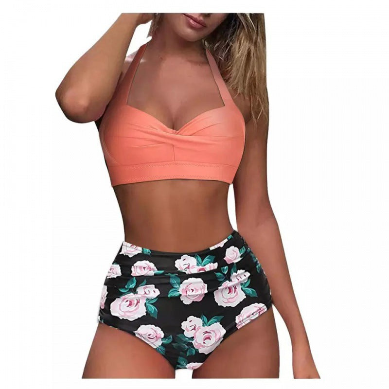 Damen Hochtaillierter Karobikini mit gerafftem Oberteil EB