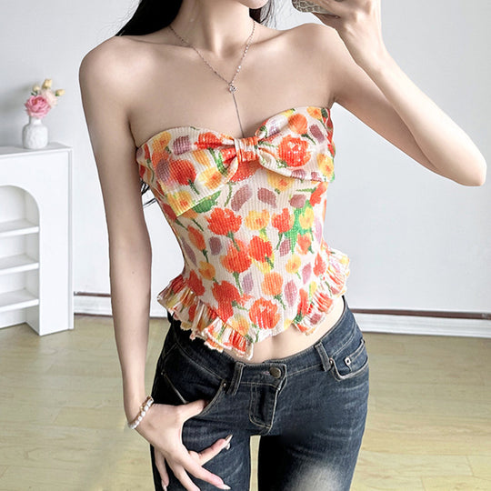 Damen Bustier-Top mit floralem Glitzerdesign und Rüschensaum EB