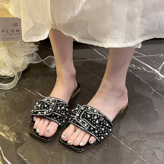 Damen glamouröse Pantoletten mit funkelnden Strass- und Perlenakzenten EB