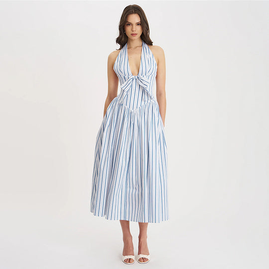 Damen Maxi-Kleid mit lässigem Halterneck und verspieltem Bogen EB