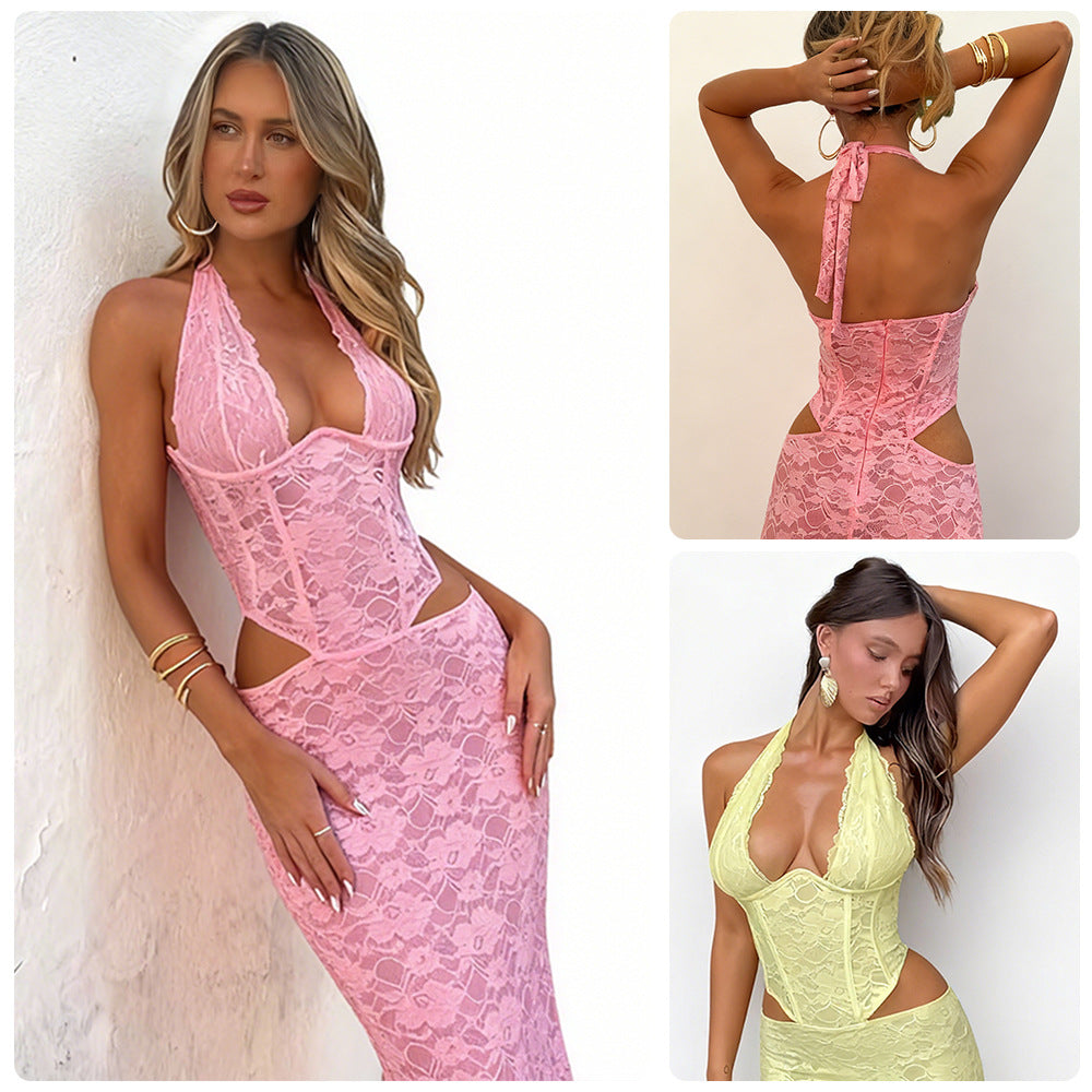 Damen Langes Spitzenkleid mit sexy Ausschnitten und raffinierten Details EB