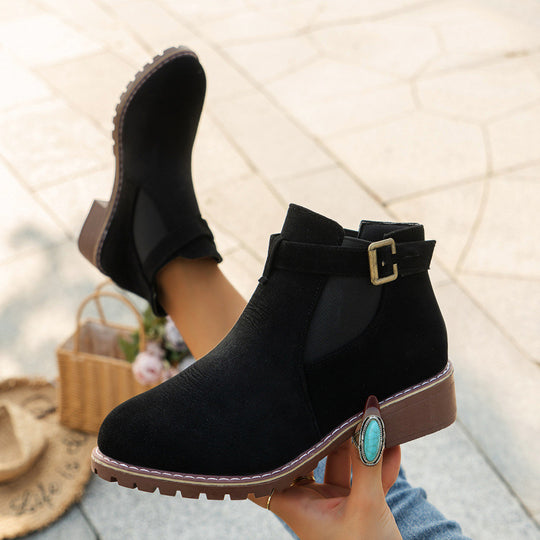 Damen kurze Ankle-Boots im Vintage-Velours-Look mit Schnallenriemen und profilierter Gummisohle EB