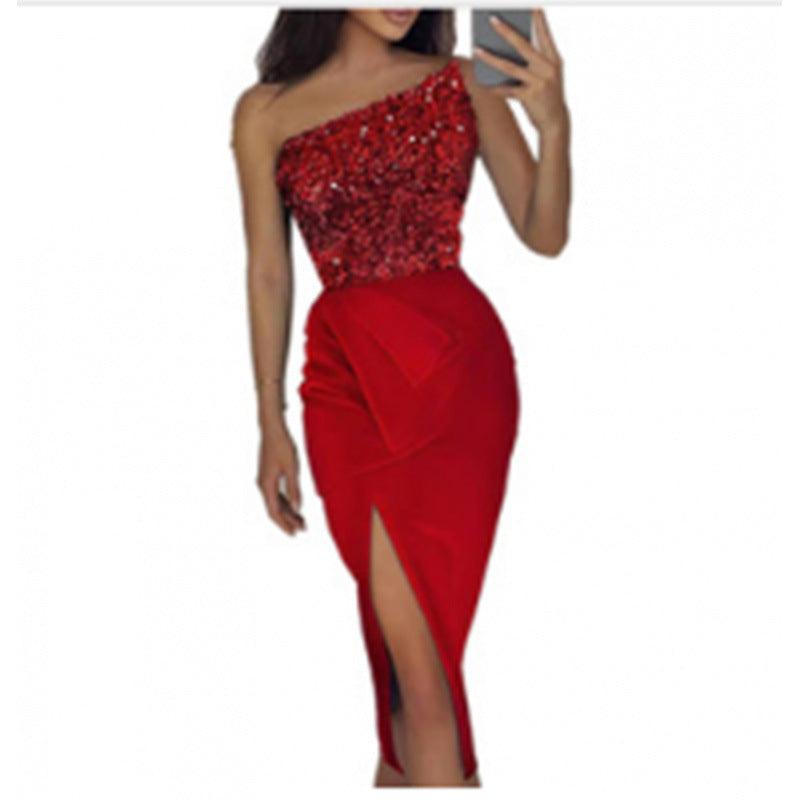Damen Glamouröses Abendkleid mit asymmetrischem Ausschnitt und schimmerndem Oberteil EB