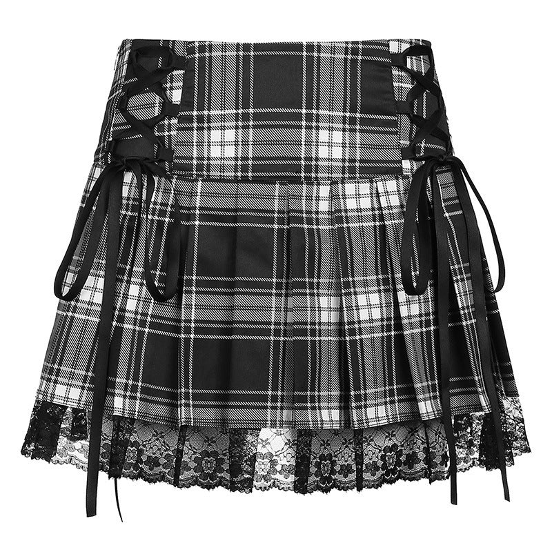 Damen karierter Minirock mit Spitzenabschluss und Schnürdetails EB