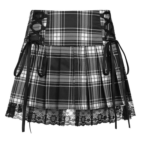 Damen karierter Minirock mit Spitzenabschluss und Schnürdetails EB