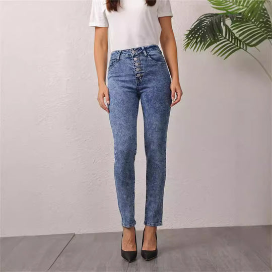 Damen hochgeschnittene Jeans mit dekorativem Knopfverschluss EB