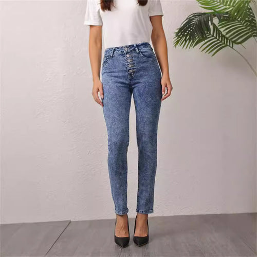 Damen hochgeschnittene Jeans mit dekorativem Knopfverschluss EB