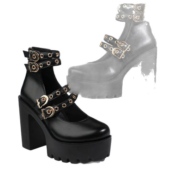 Damen Plateau-Stiefeletten mit verstellbaren Riemen und goldenen Schmuckdetails EB