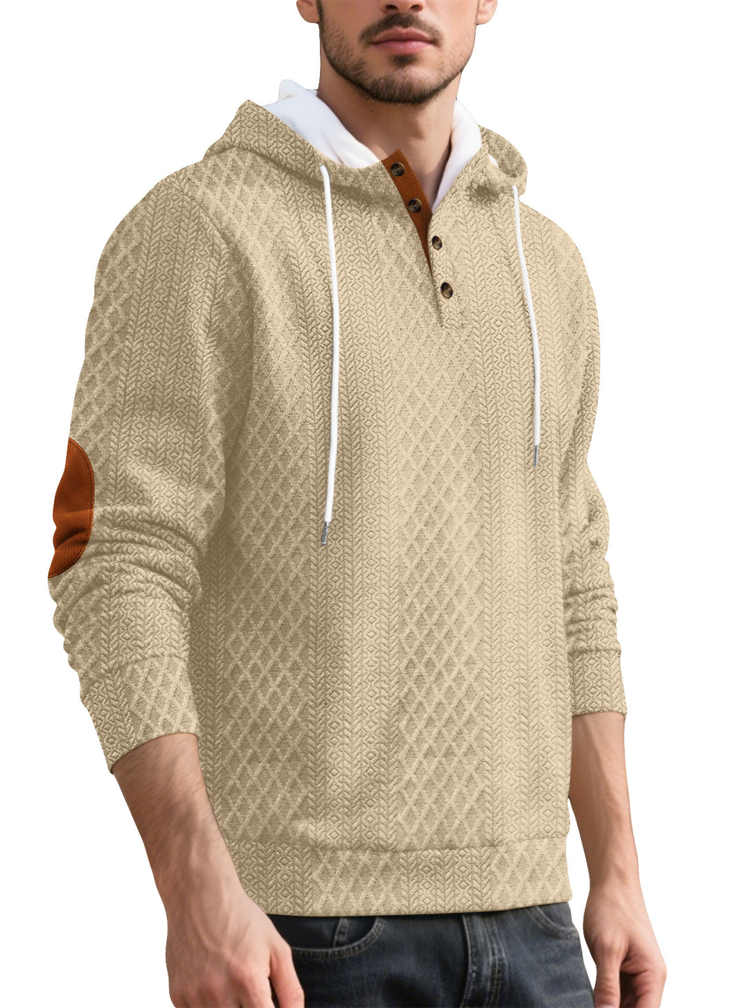 Herren nan Diamond-Struktur Kapuzenpullover mit Kurzknopfleiste, gesteppter Kapuzeninnenkante und Wildleder-Ellbogenpatch EB