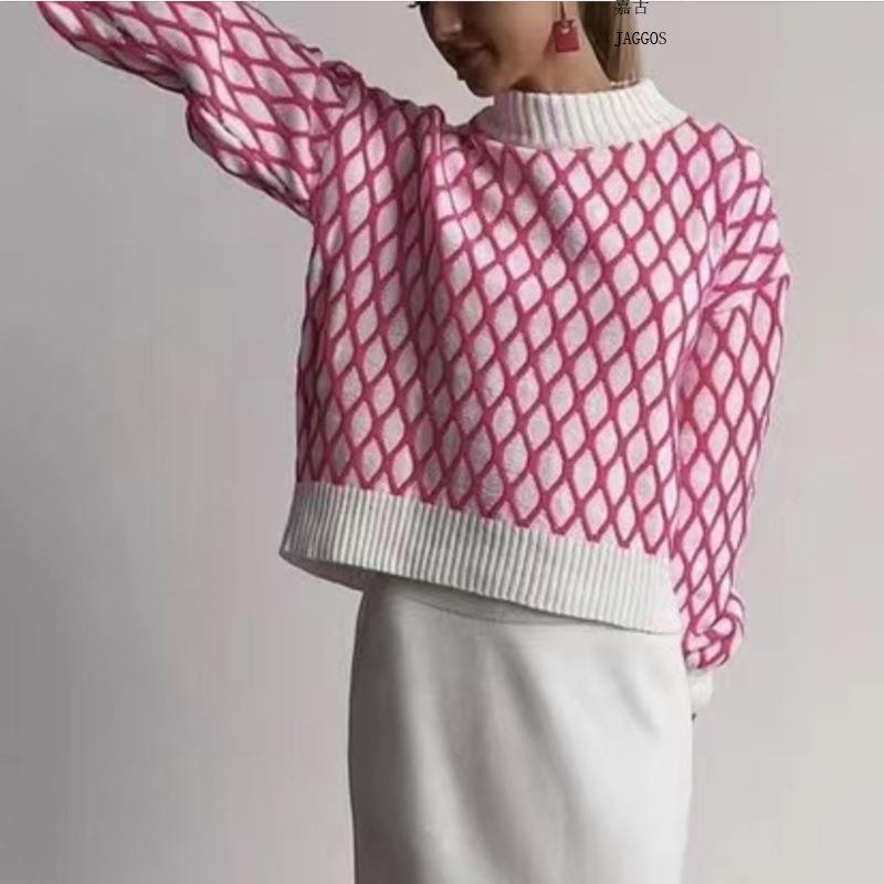 Damen Oversize Strickpullover mit Rautenmuster und Stehkragen EB