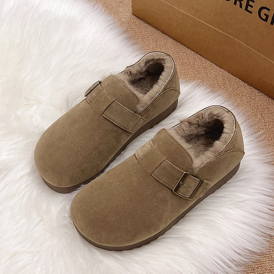 Damen Clogs mit weichem Kunstfellfutter und dekorativem Schnallenverschluss EB