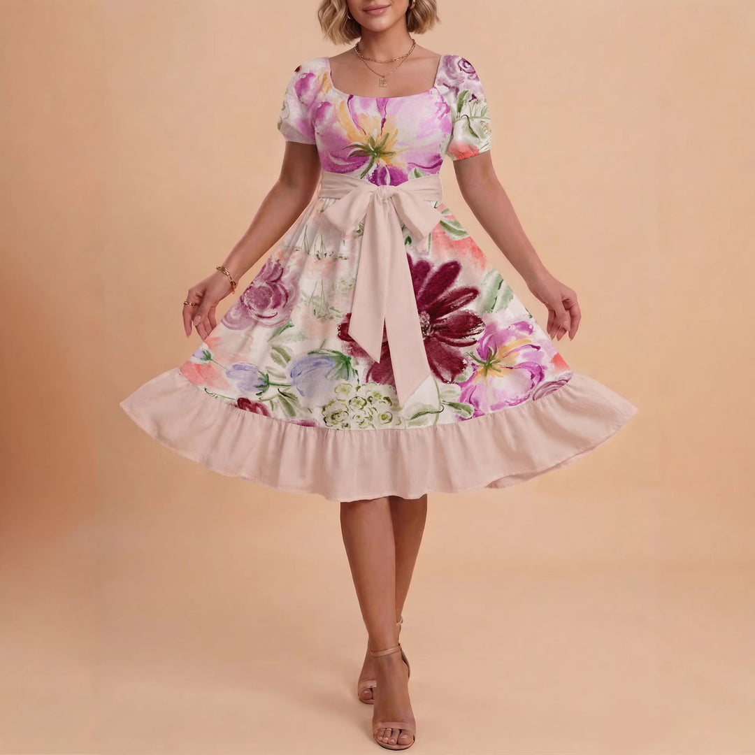 Damen Blumenkleid mit taillierbarem Gürtel und voluminösen Ärmeln EB