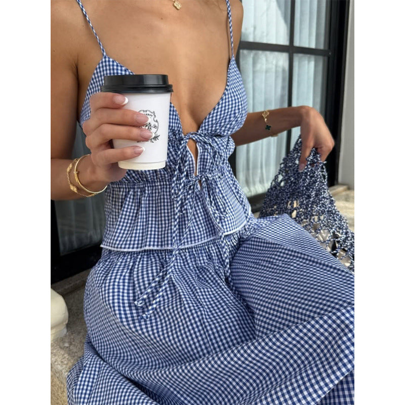 Damen Sommerliches Maxikleid mit V-Ausschnitt und Gingham-Muster EB