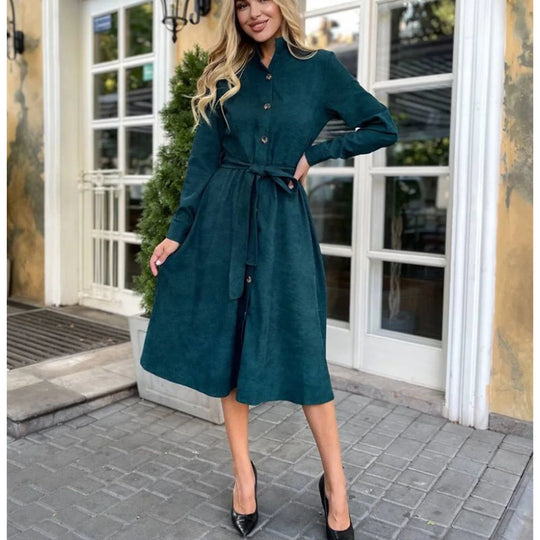 Damen Midi-Kleid mit Knopfleiste und Taillengürtel EB