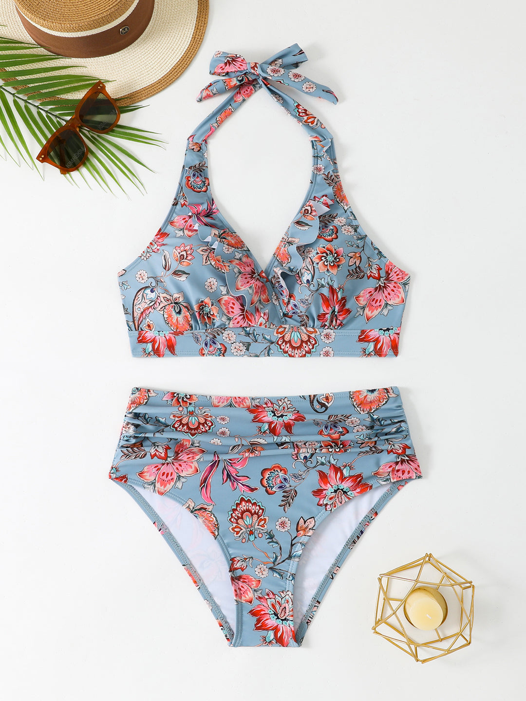 Damen Hoch tailliertes Bikini-Set mit floralem Design EB