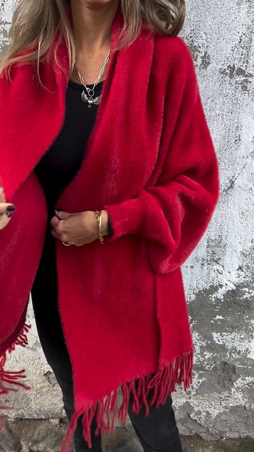 Damen nan langer kuscheliger Fransen-Cardigan mit Schalkragen und Oversize-Passform EB