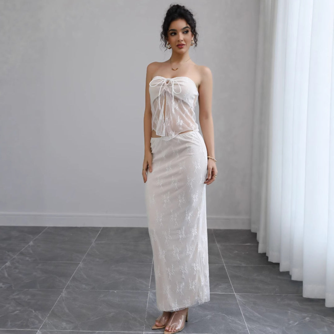 Damen Off-Shoulder Maxikleid mit feiner Spitze und elegantem Bund EB