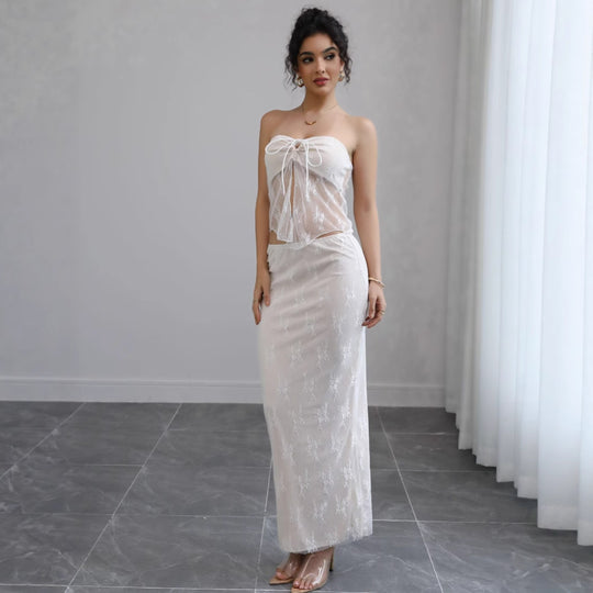 Damen Off-Shoulder Maxikleid mit feiner Spitze und elegantem Bund EB