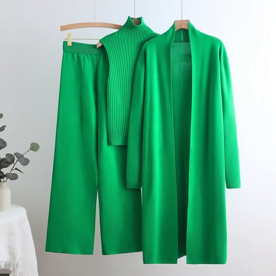 Damen gemütliches Strick-Loungewear-Set mit langem Cardigan und Rippenshirts EB