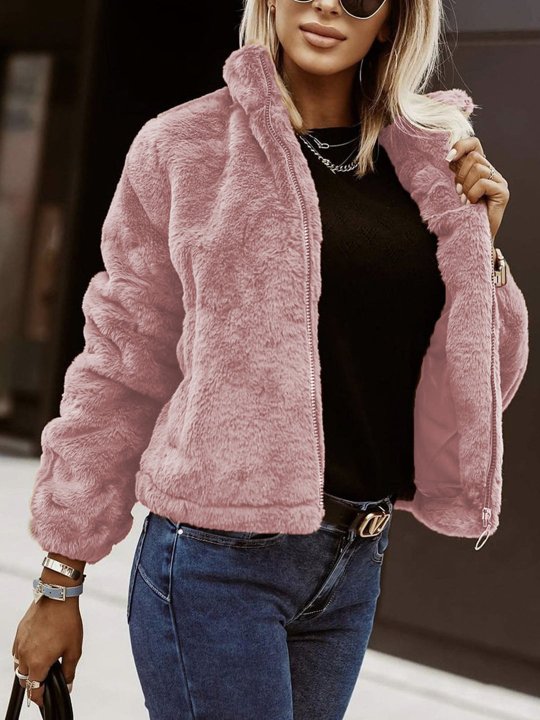 EB | Weiche Damen Teddy Bomberjacke mit Reißverschluss
