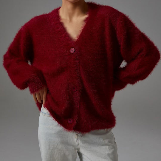 Damen flauschiger Cardigan mit V-Ausschnitt und übergroßem Schnitt EB