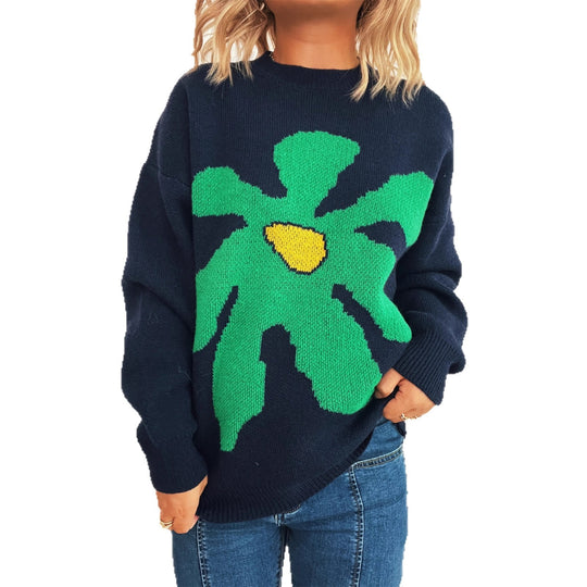 Damen verspielter Strickpullover mit floraler Applikation EB
