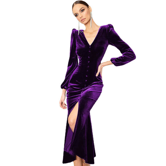 Damen Samt Maxikleid mit zentralem Knopfverschluss und seitlichem Schlitz EB