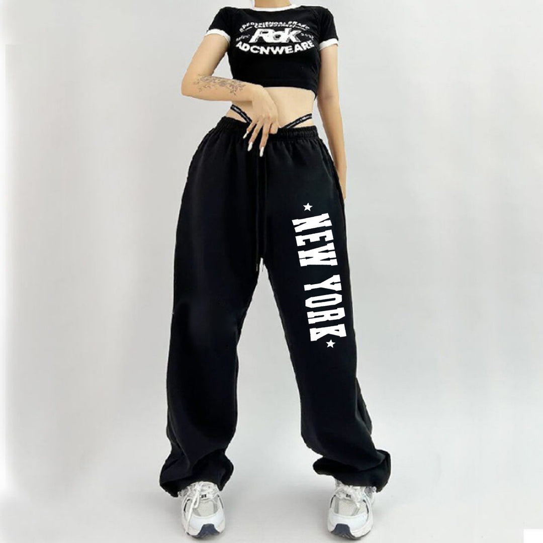 Damen nan weiche Highwaist-Sweatpants mit seitlichem New York-Print, elastischem Bund und Kordel EB