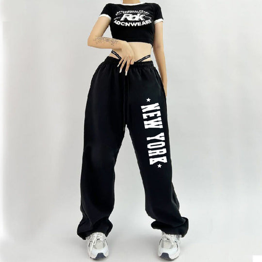 Damen nan weiche Highwaist-Sweatpants mit seitlichem New York-Print, elastischem Bund und Kordel EB