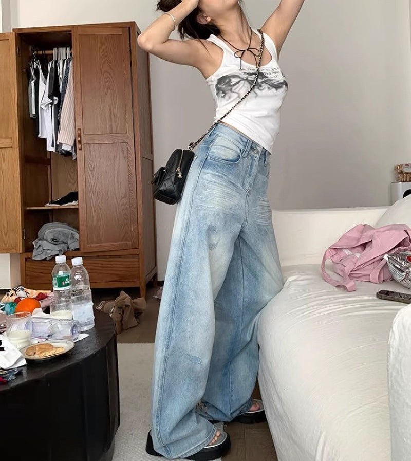 Damen Weite Denim-Hose mit lässigem Schnitt und individuellen Waschungen EB
